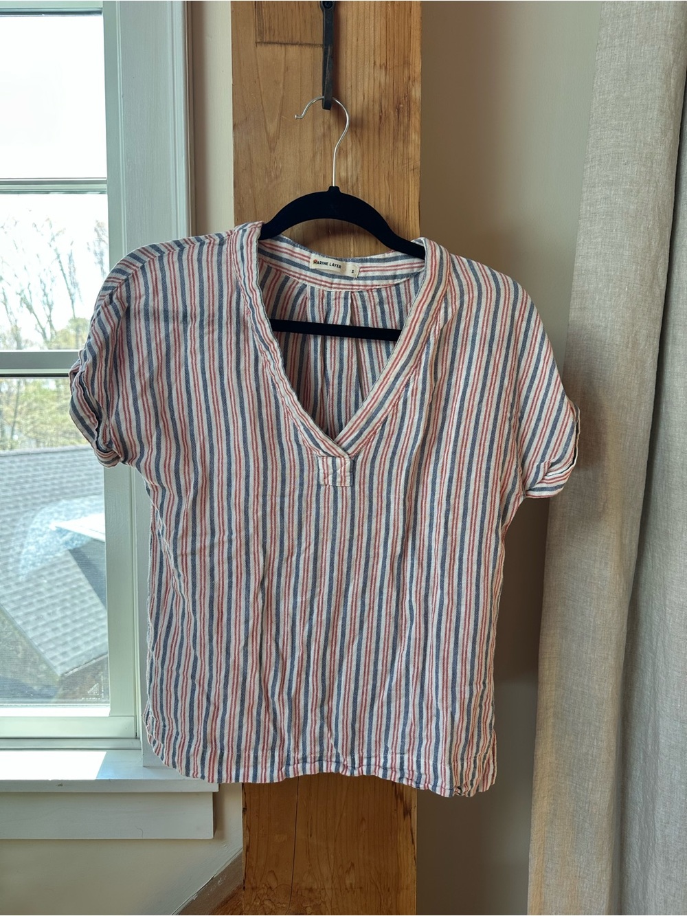 Marine Layer Striped V-Neck Short Sleeve Top - Cream, Red, Blue